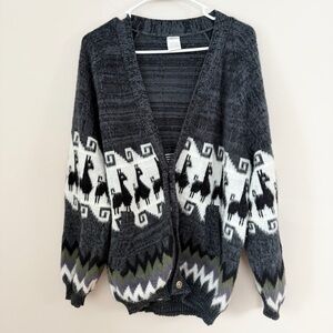 Farinango Imports 100% Wool Llama Alpaca Print Cardigan Sweater L